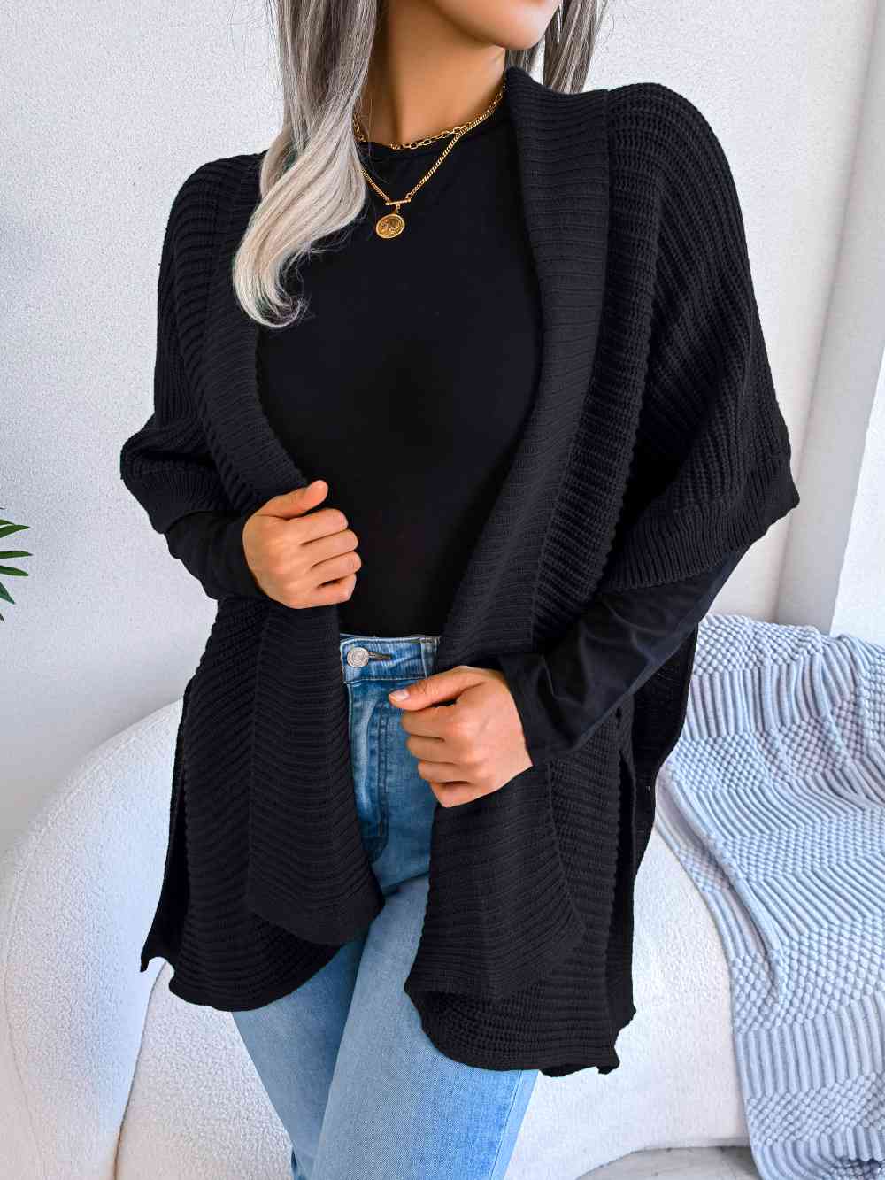 Horizontal Ribbing Open Front Slit Cardigan Trendsi