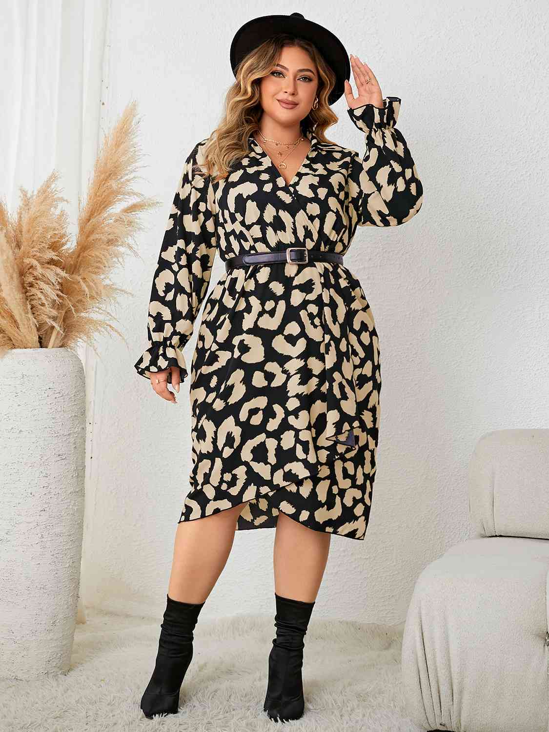 Plus Size Leopard  Neck Flounce Sleeve Dress -BazaarBey - www.shopbazaarbey.com