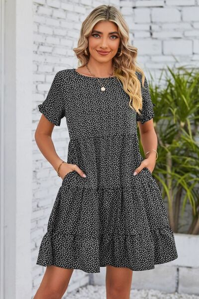 Polka Dot Round Neck Tiered Dress Bazaarbey