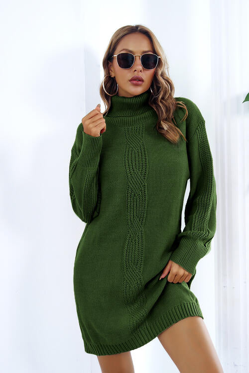 Openwork Turtleneck Long Sleeve Sweater Dress Bazaarbey