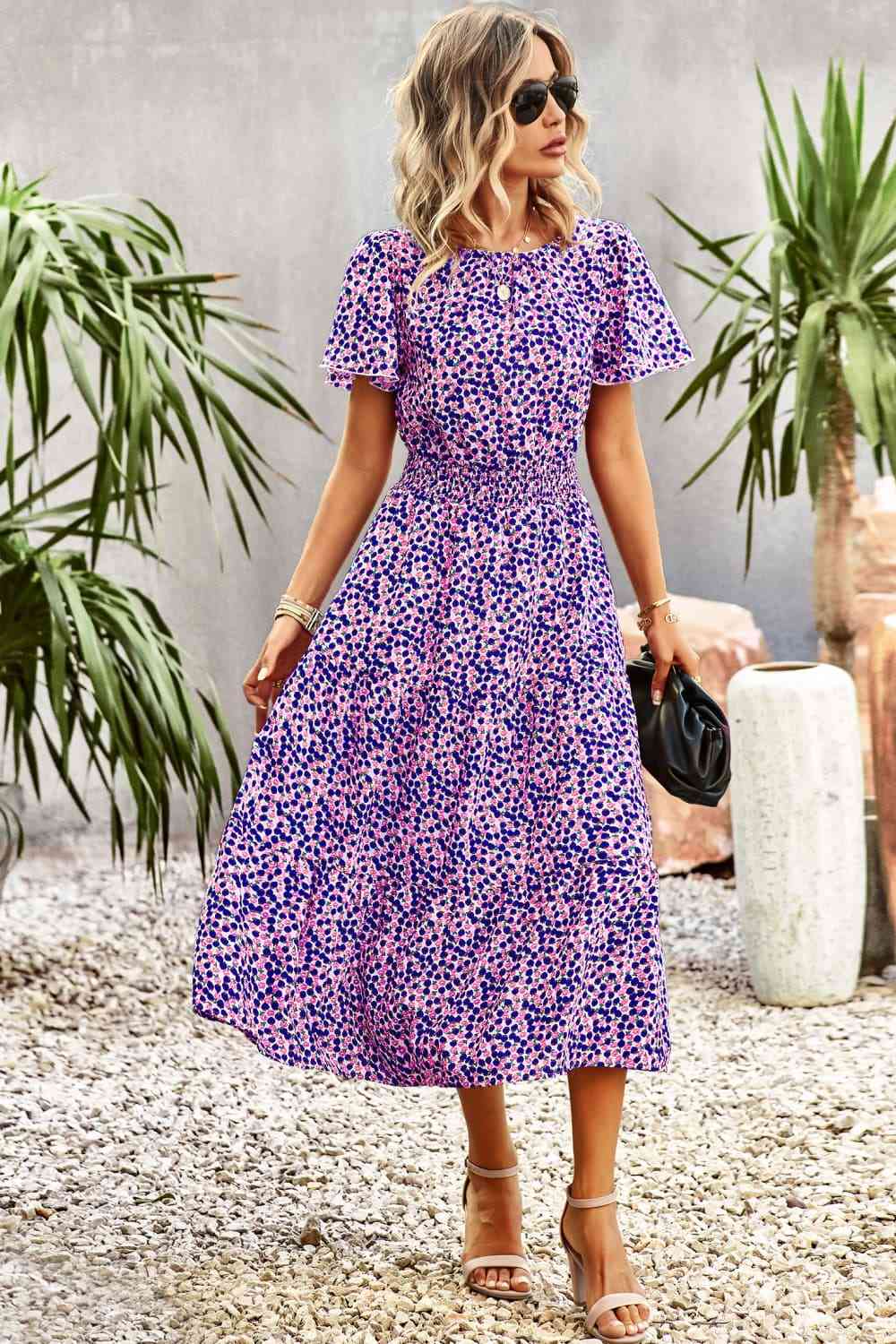 Floral Puff Sleeve Tiered Midi Dress -BazaarBey - www.shopbazaarbey.com