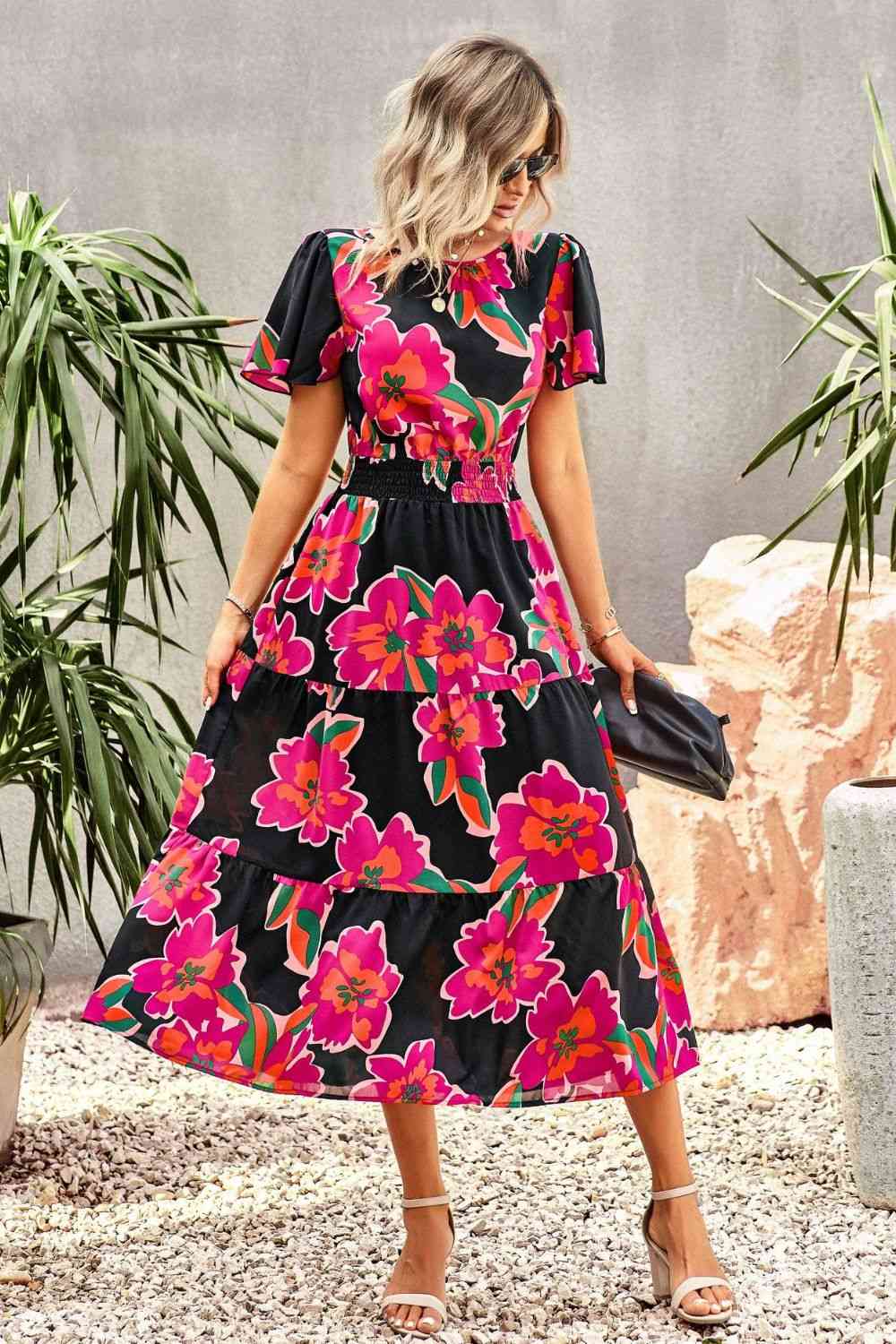 Floral Puff Sleeve Tiered Midi Dress -BazaarBey - www.shopbazaarbey.com