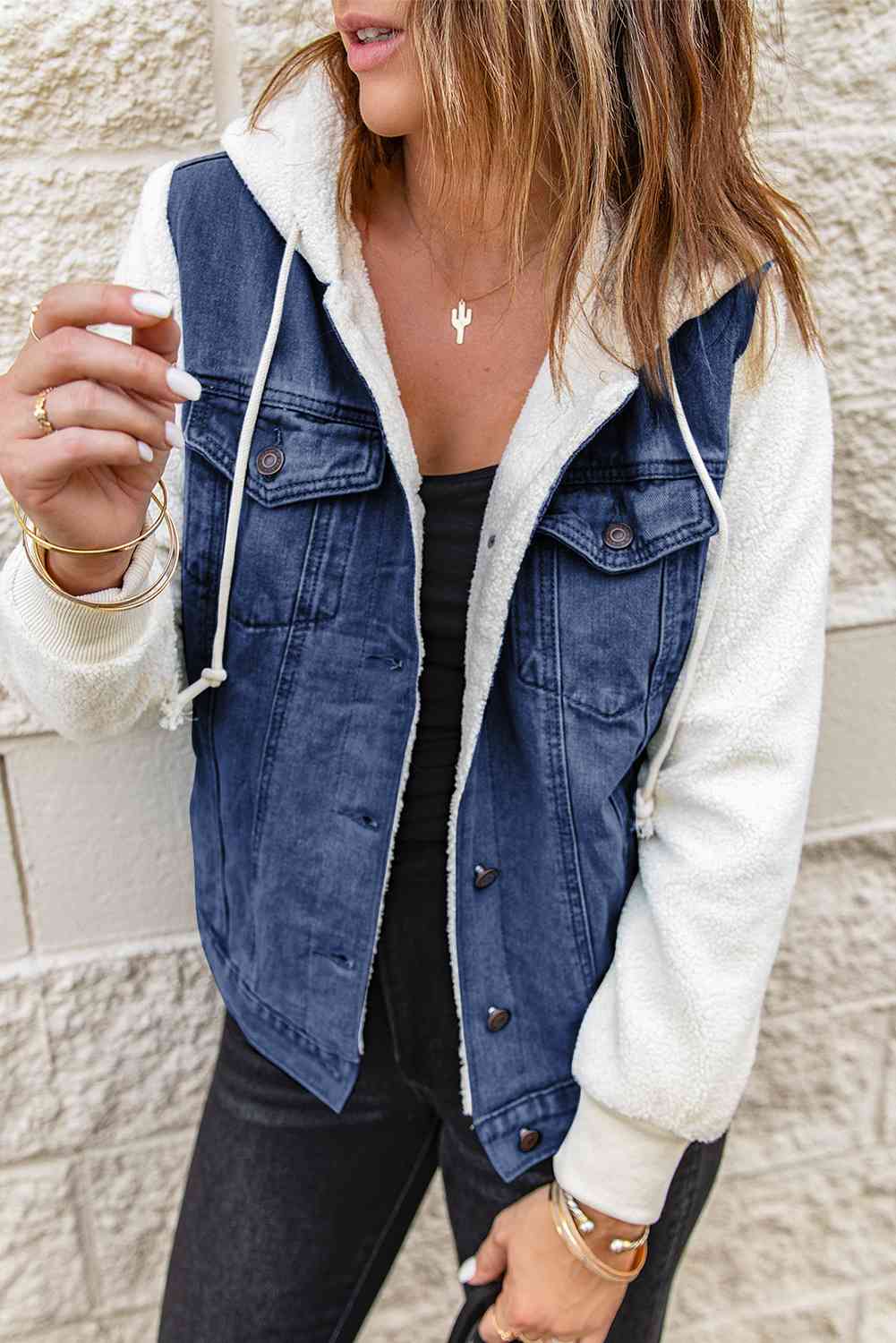 Two-Tone Spliced Denim Sherpa Hooded Jacket Bazaarbey