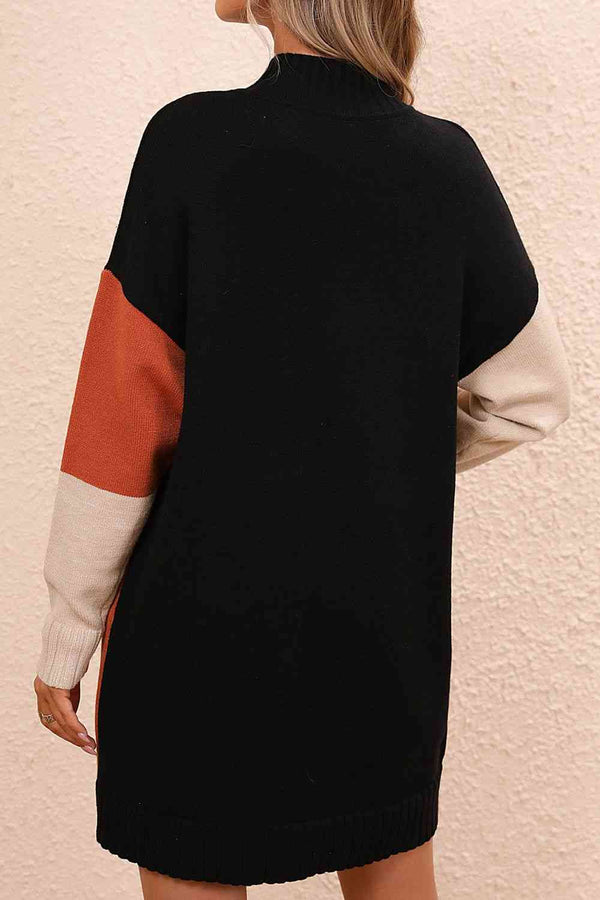 Color Block Mock Neck Dropped Shoulder Sweater Dress Bazaarbey