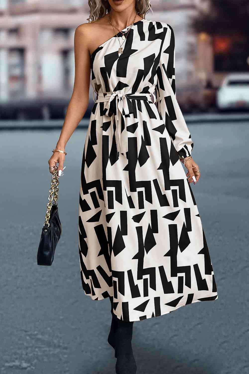 Printed One-Shoulder Tie Waist Dress -BazaarBey - www.shopbazaarbey.com