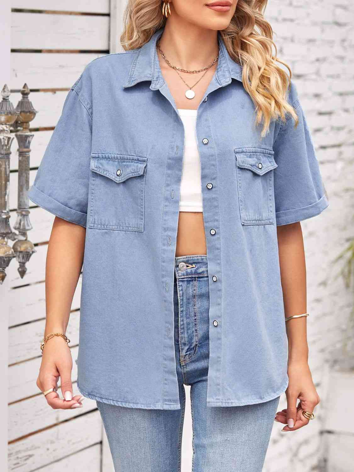 Collared Neck Short Sleeve Denim Jacket Bazaarbey