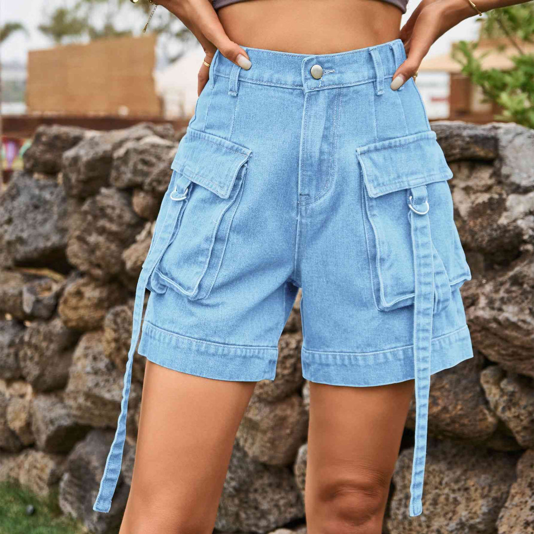 High Waist Denim Cargo Shorts Bazaarbey