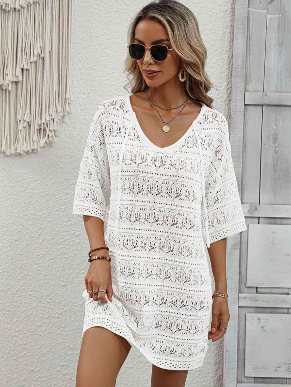 Openwork V-Neck Mini Knit Dress Bazaarbey