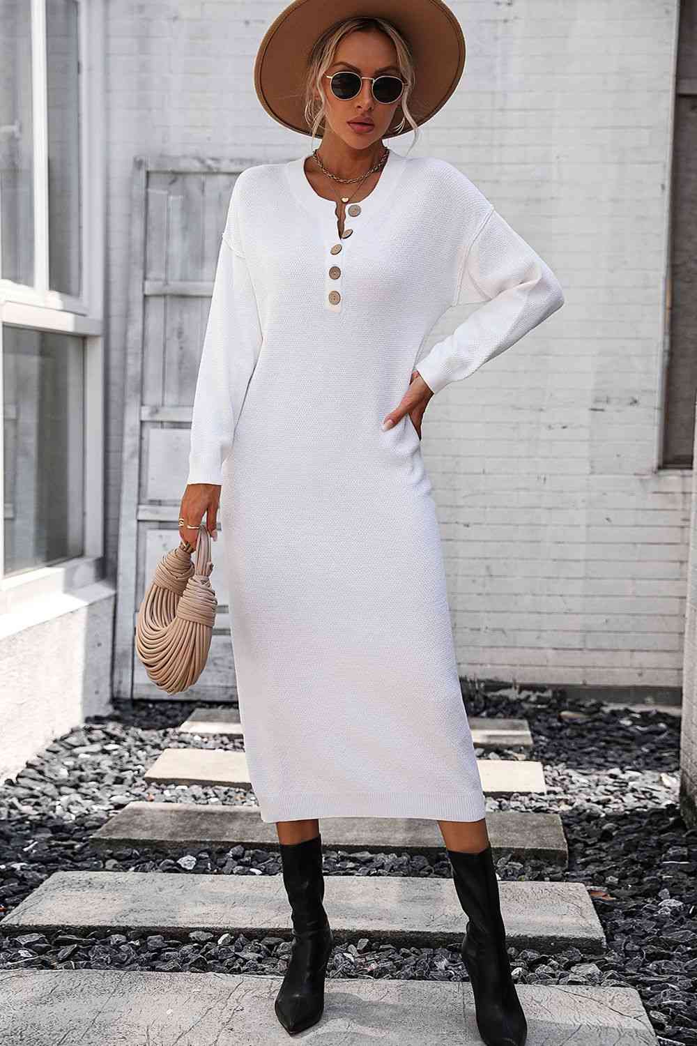 Notched Neck Dropped Shoulder Button-Down Midi Dress Bazaarbey