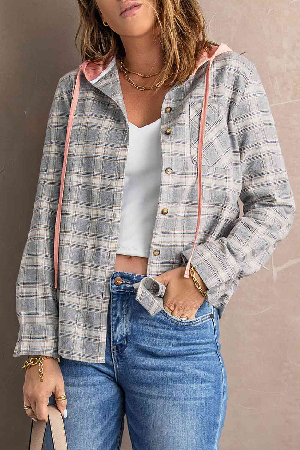 Plaid Drawstring Hooded Shirt Jacket Trendsi