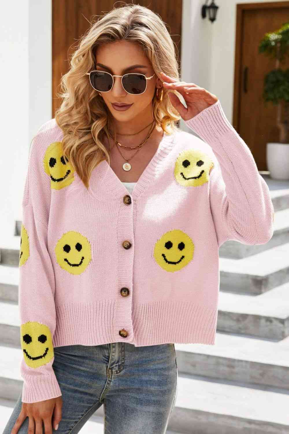 BazaarBey Smiley Face Ribbed Trim V-Neck Cardigan Trendsi