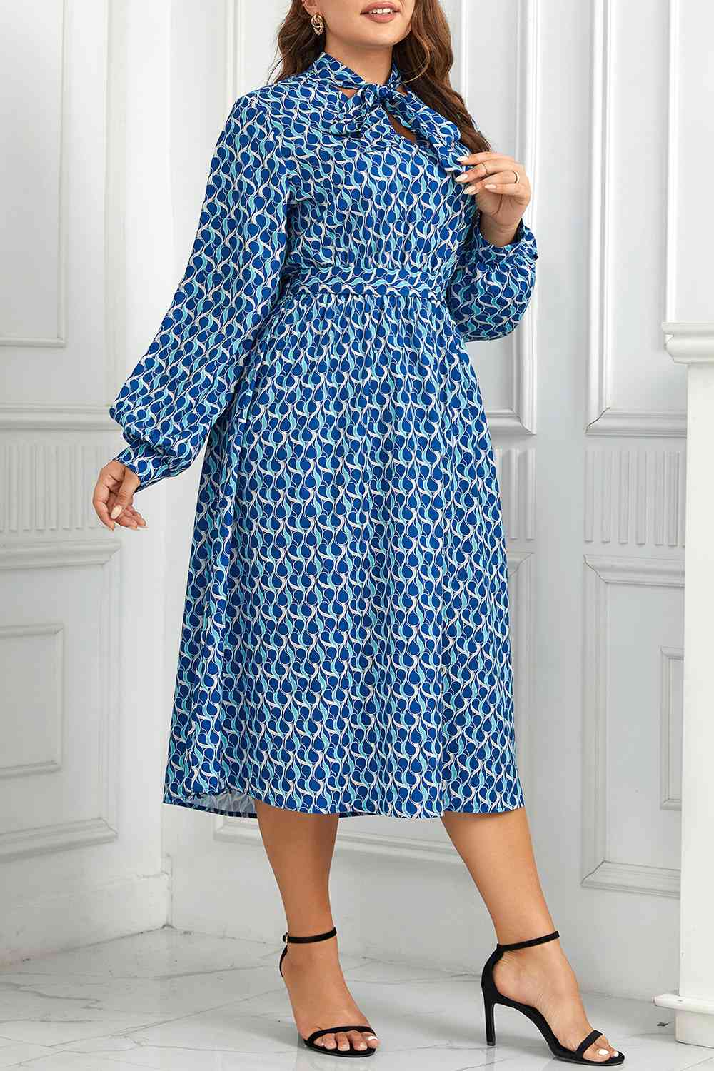 Plus Size Printed Tie Neck Midi Dress -BazaarBey - www.shopbazaarbey.com