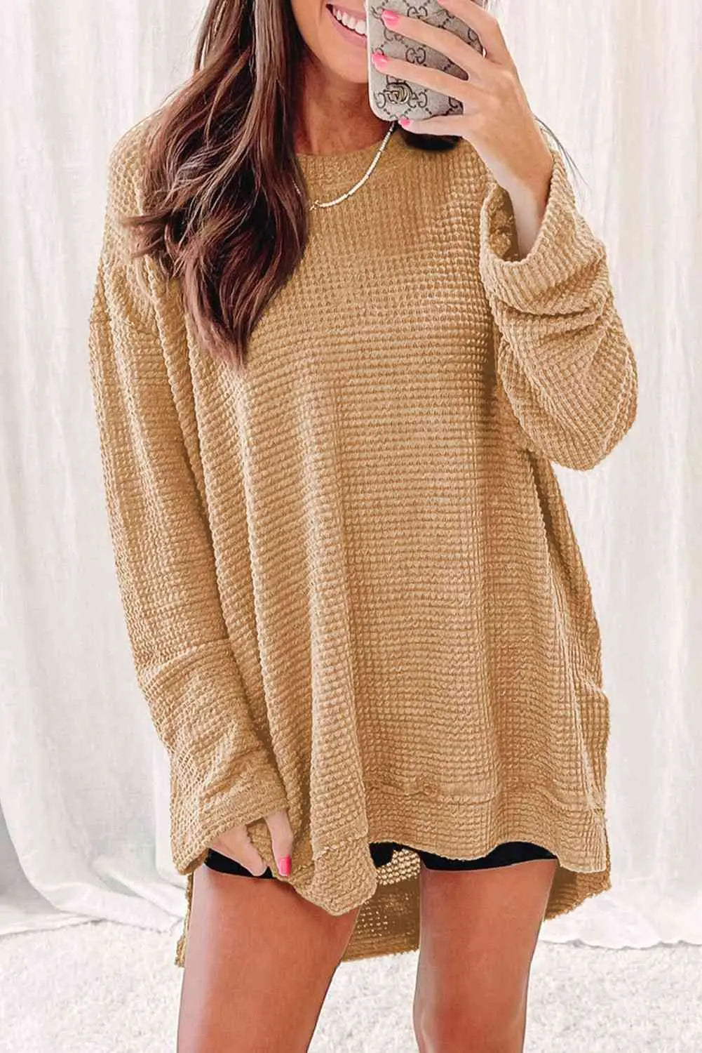 Waffle-Knit Round Neck Long Sleeve Sweatshirt Trendsi