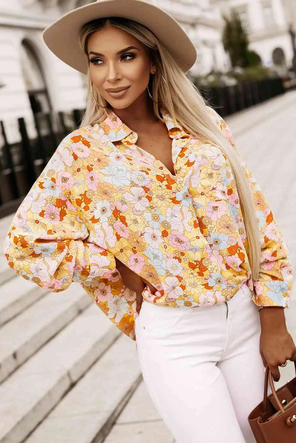 Floral Collared Neck Long Sleeve Shirt Bazaarbey