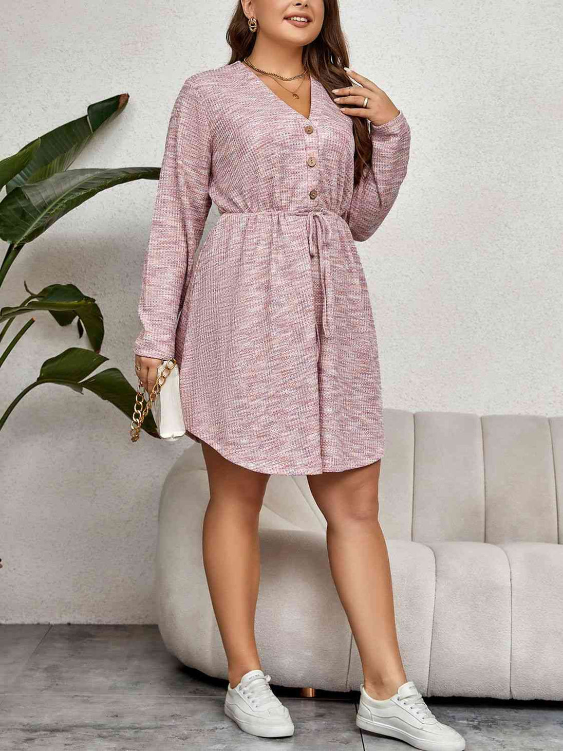 Plus Size V-Neck Tie Waist Long Sleeve Dress -BazaarBey - www.shopbazaarbey.com