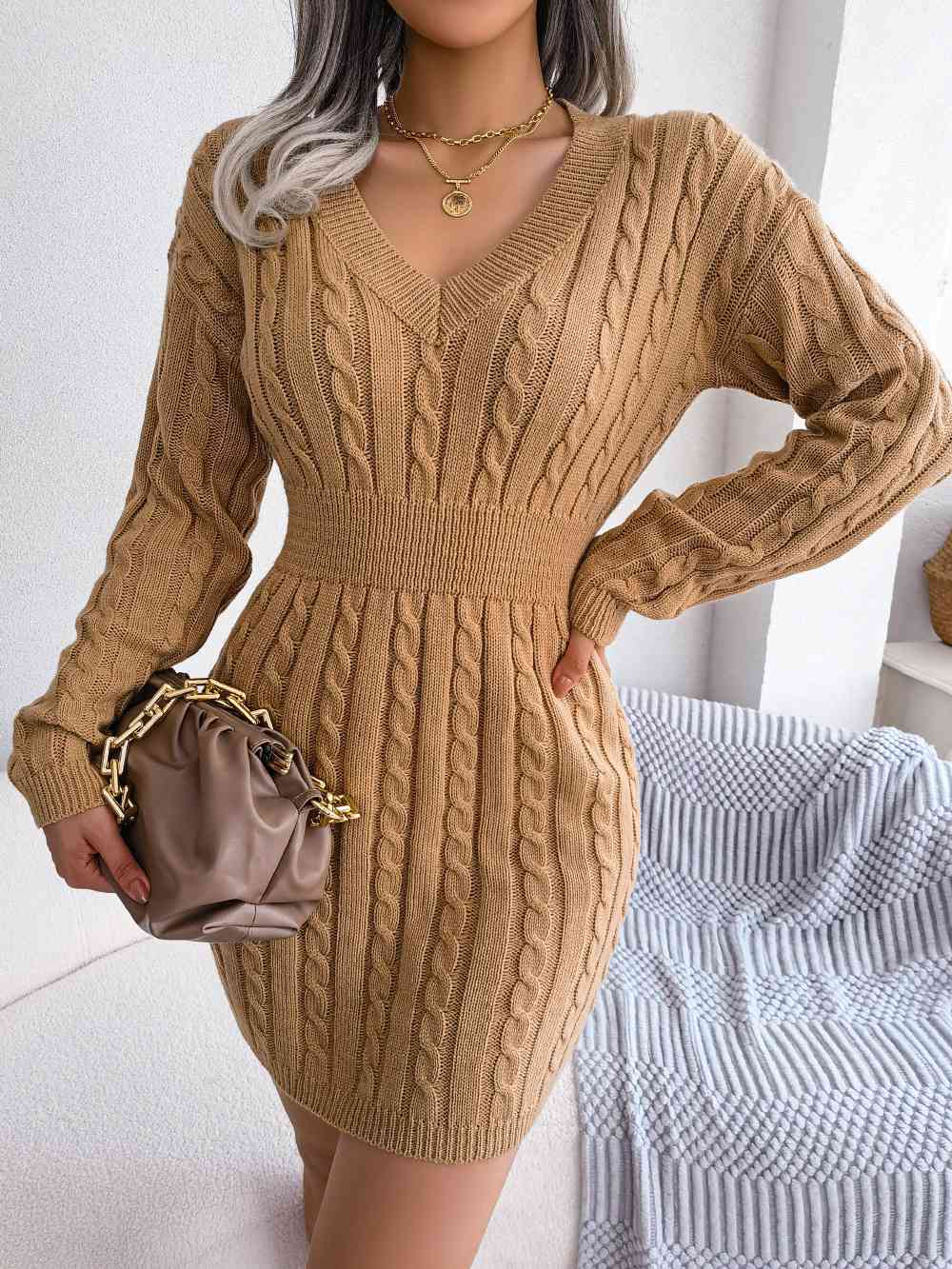 Cable-Knit V-Neck Mini Sweater Dress Bazaarbey