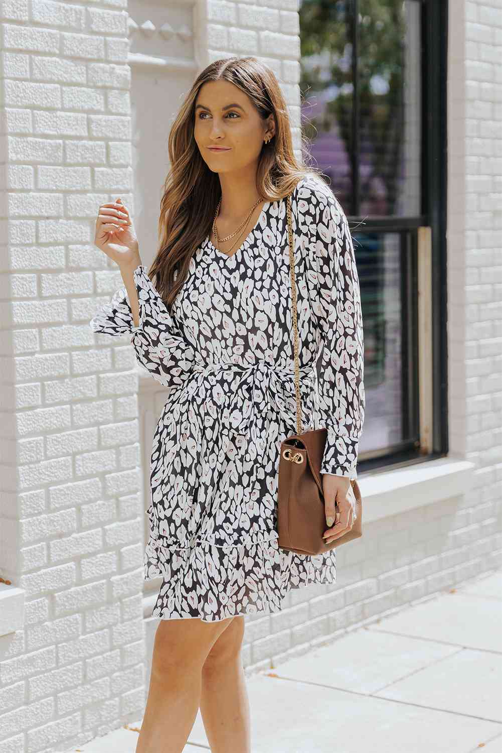 Printed Tie-Waist Long Flounce Sleeve Dress -BazaarBey - www.shopbazaarbey.com