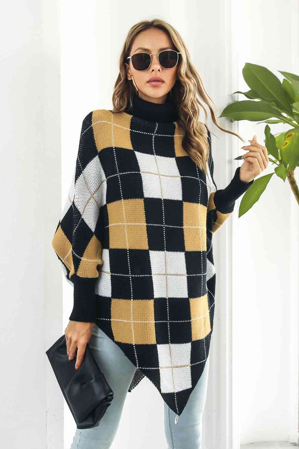 Plaid Turtleneck Dolman Sleeve Poncho Bazaarbey