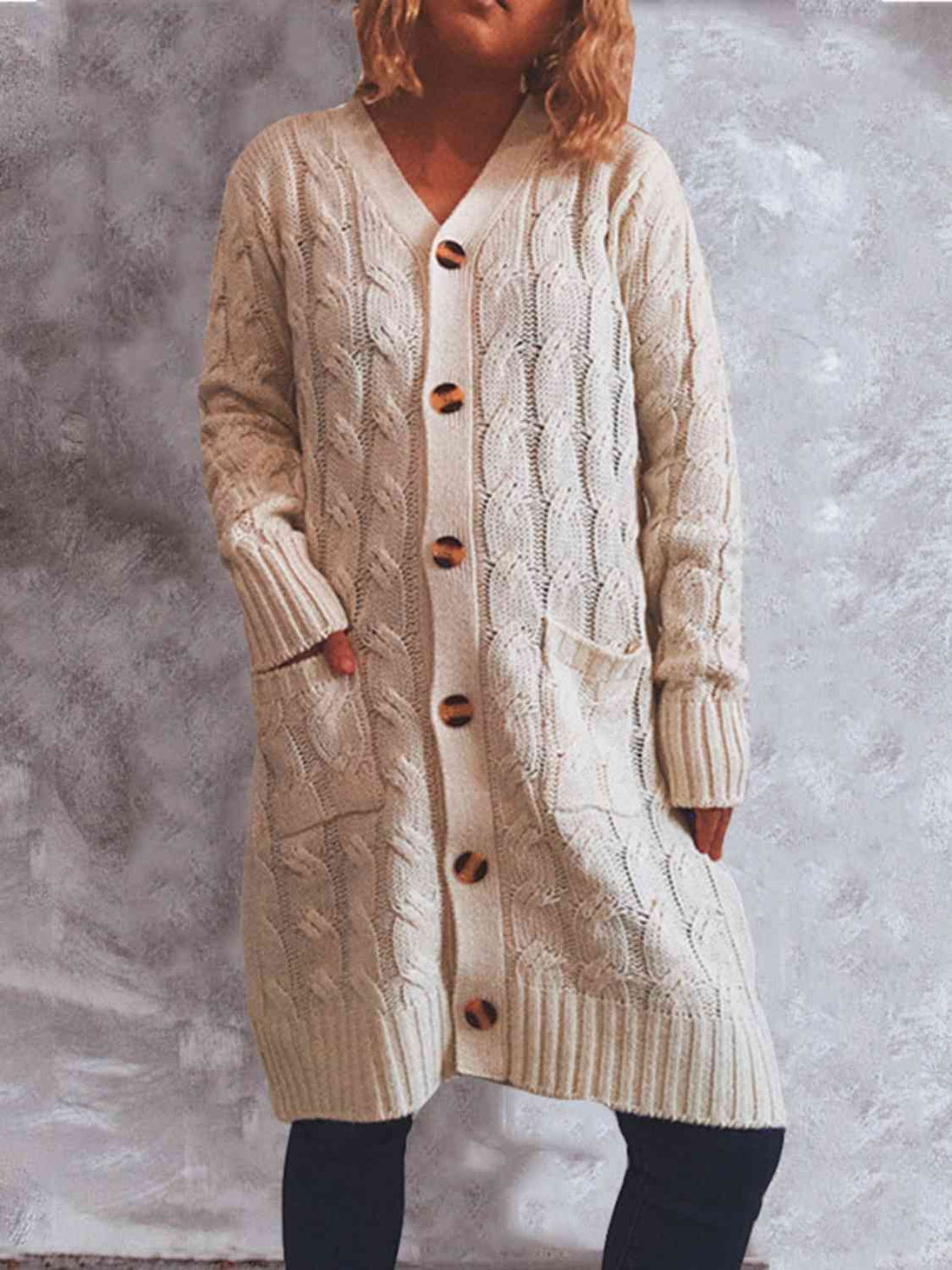 Button Up Cable-Knit Cardigan with Pockets Trendsi