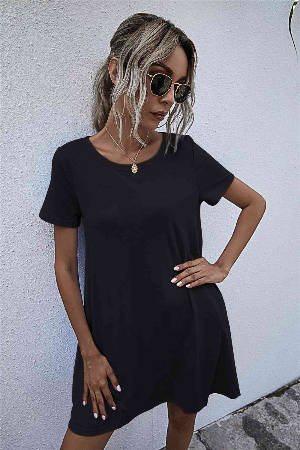 Round Neck Short Sleeve Mini Dress -BazaarBey - www.shopbazaarbey.com