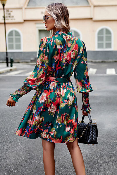 Printed Tie Waist Mock Neck Lantern Sleeve Dress -BazaarBey - www.shopbazaarbey.com