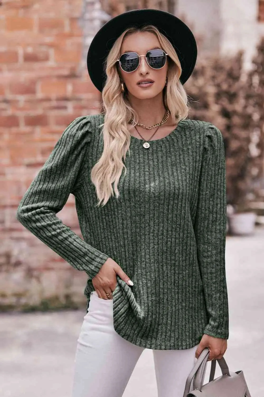  Round Neck Puff Sleeve Ribbed Top Trendsi