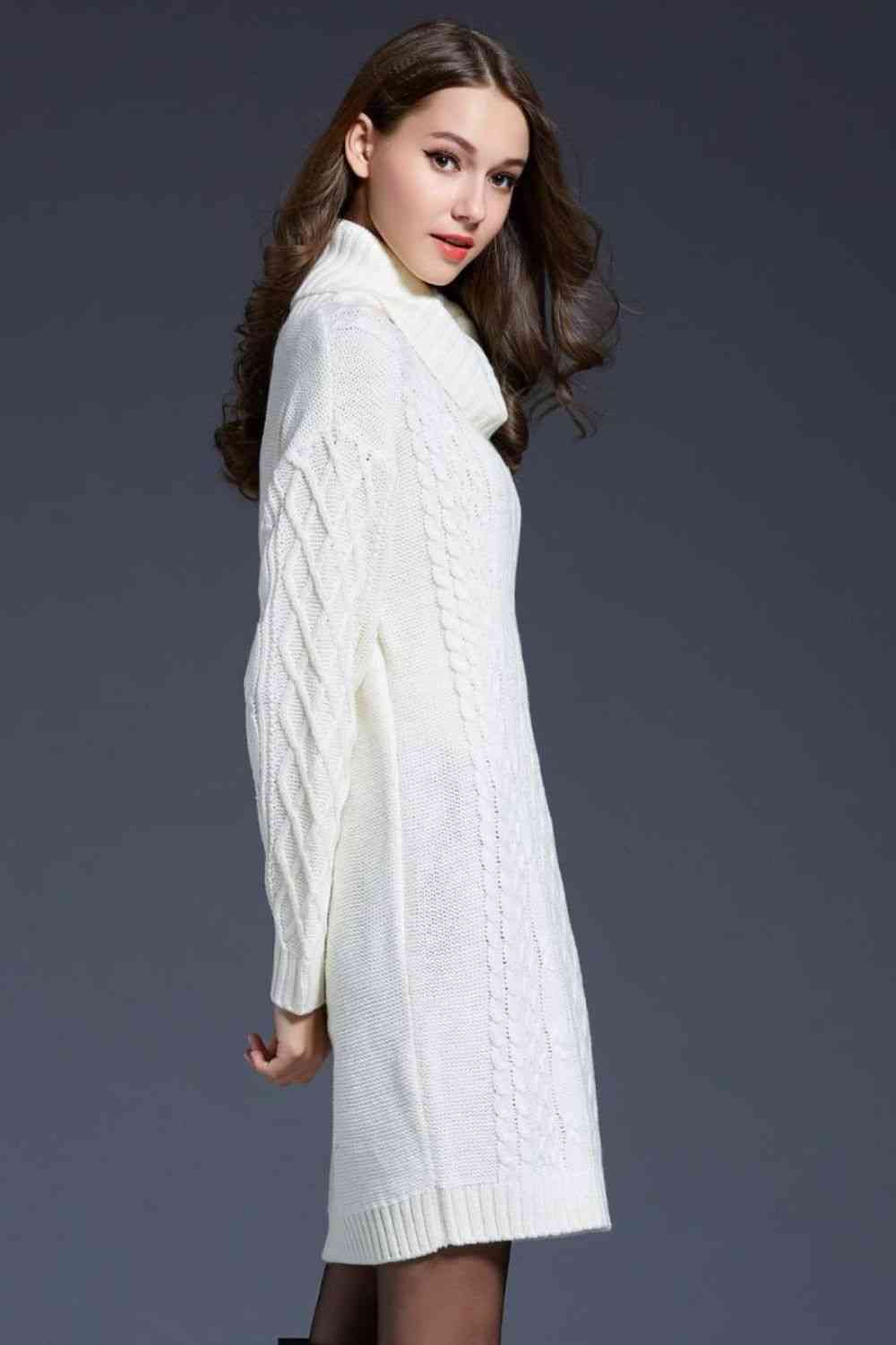 Woven Right Full Size Mixed Knit Cowl Neck Dropped Shoulder Sweater Dress Bazaarbey