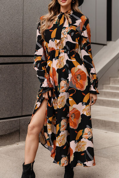 Printed Tie Neck Flounce Sleeve Dress Bazaarbey