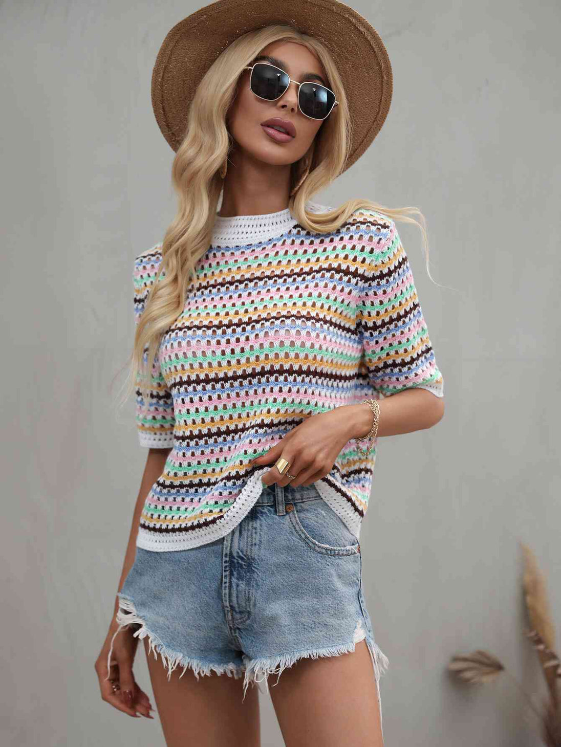 Striped  Half Sleeve Knit Top Trendsi