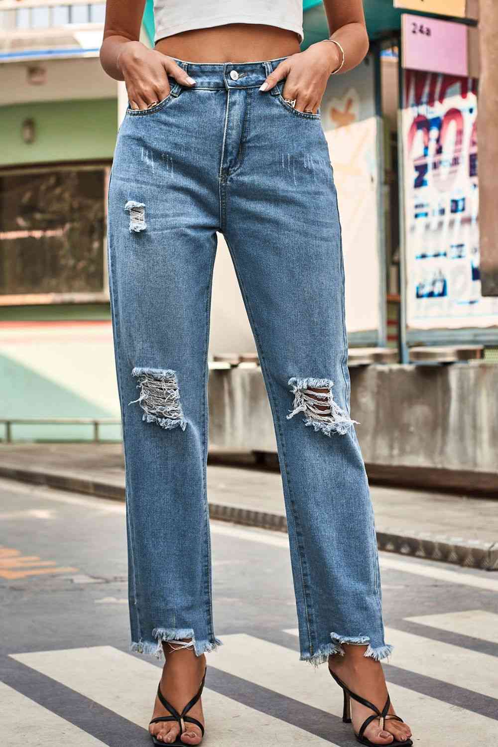 Distressed Buttoned Loose Fit Jeans Trendsi