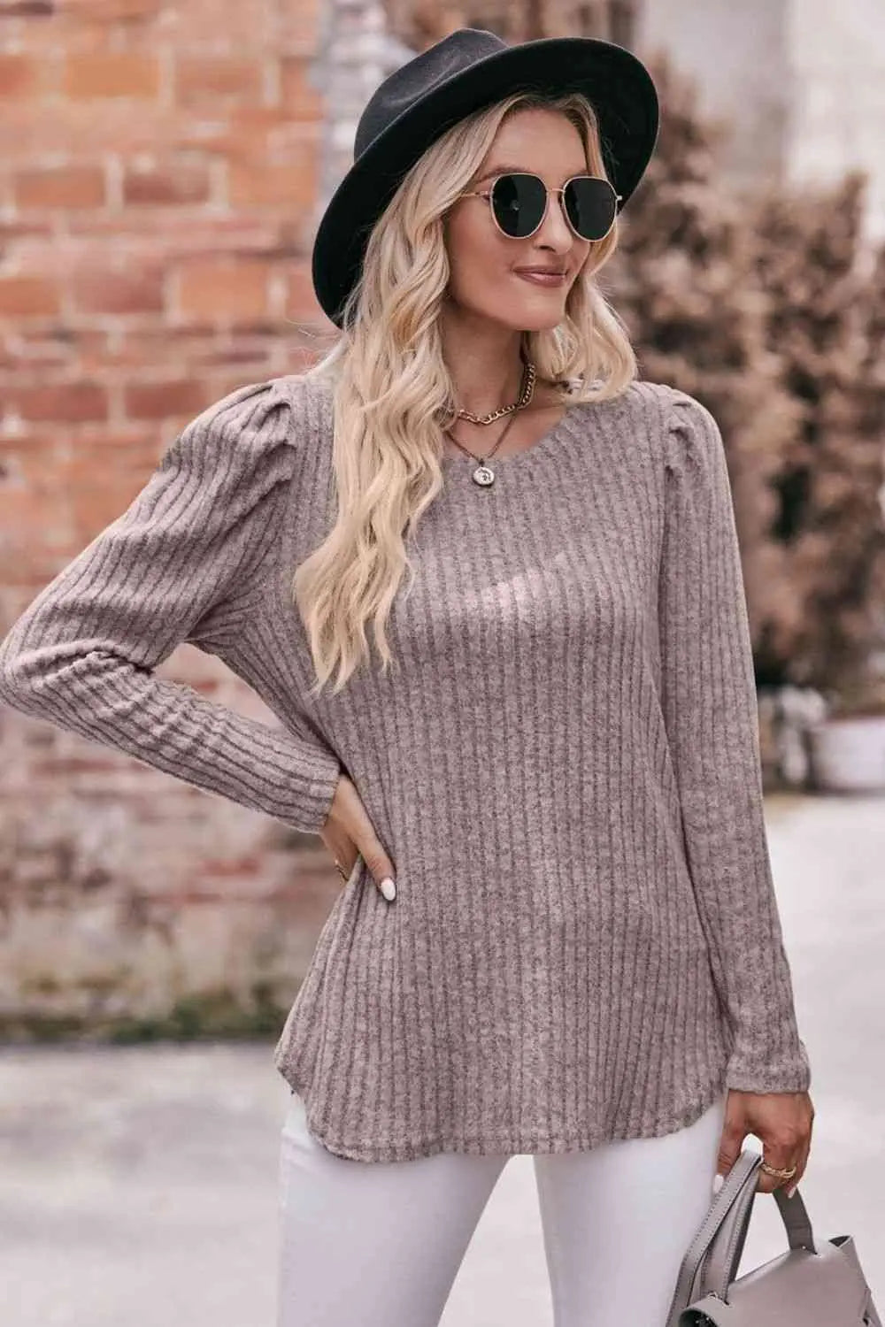  Round Neck Puff Sleeve Ribbed Top Trendsi