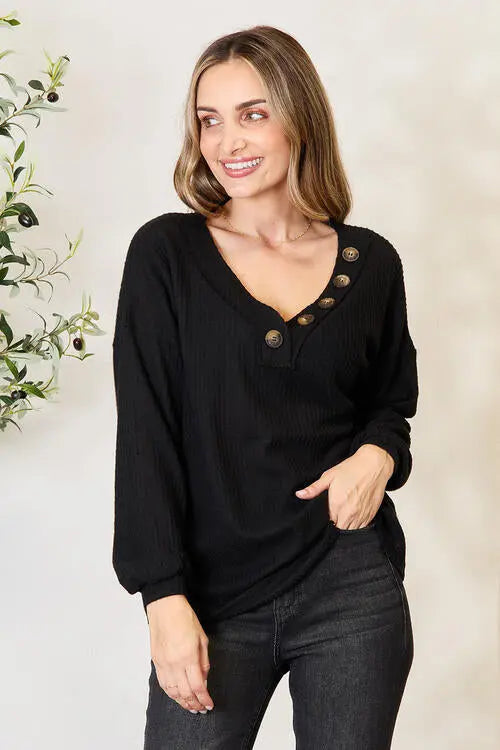  Buttoned Long Sleeve Blouse Trendsi