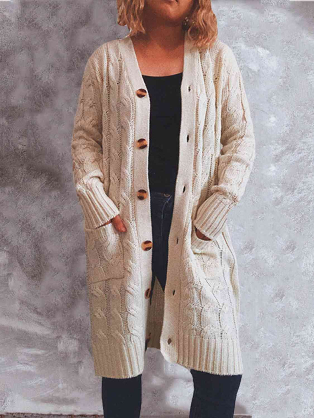 Button Up Cable-Knit Cardigan with Pockets Trendsi