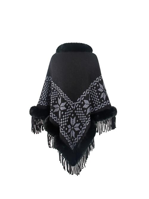 Fringe Geometric Cape Sleeve Poncho Bazaarbey