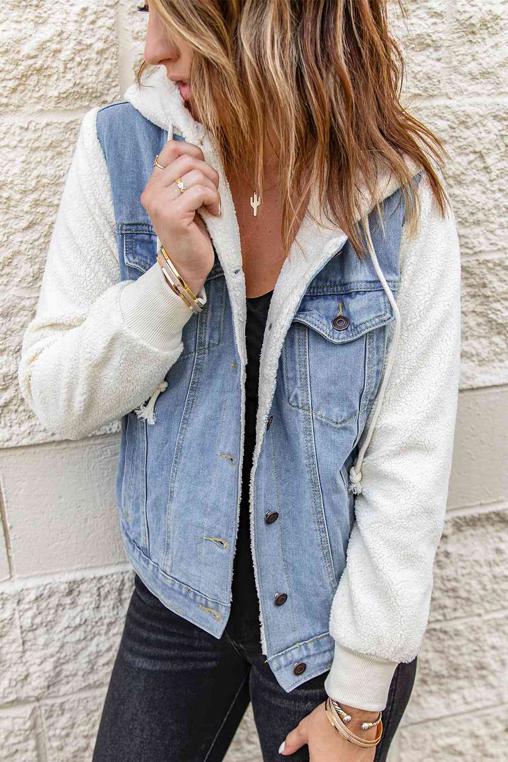 Two-Tone Spliced Denim Sherpa Hooded Jacket Bazaarbey