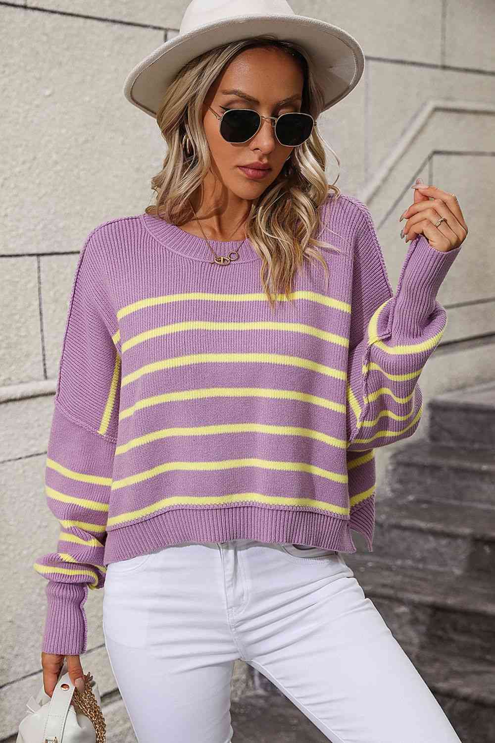 Striped Dropped Shoulder Round Neck Pullover Sweater Bazaarbey