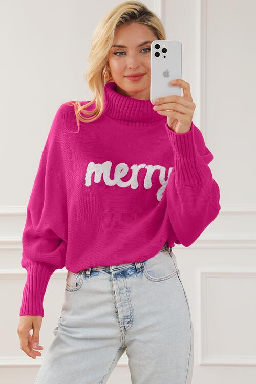 Merry Letter Embroidered High Neck Sweater Bazaarbey