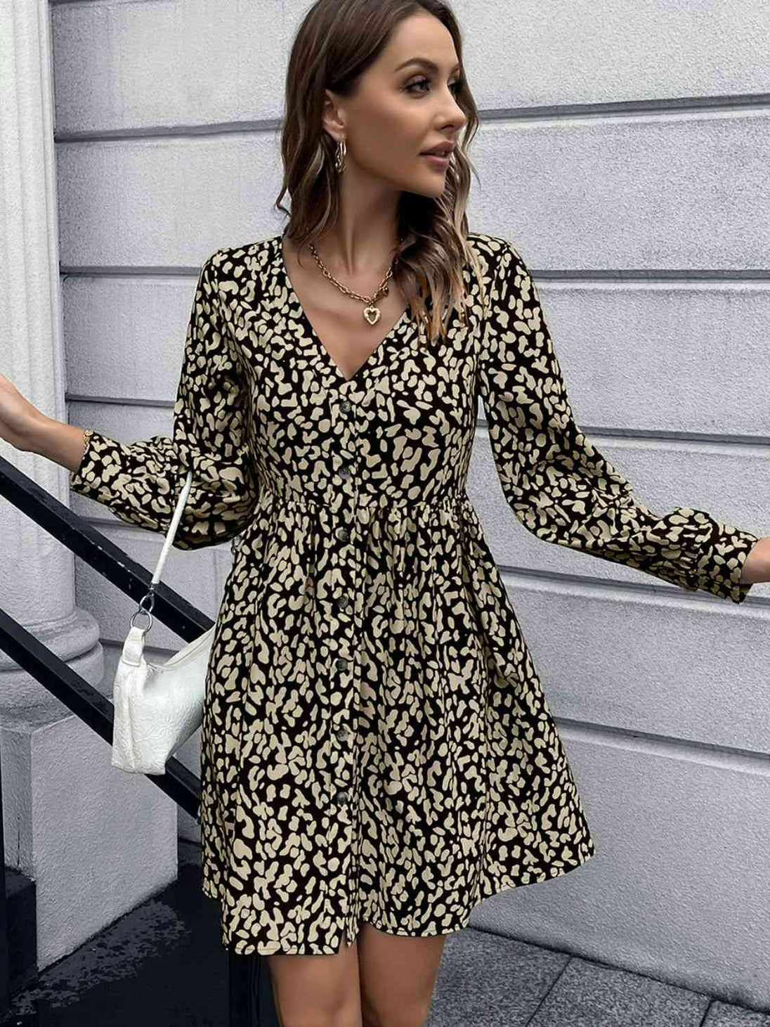 Animal Print Buttoned V-Neck Long Sleeve Dress -BazaarBey - www.shopbazaarbey.com