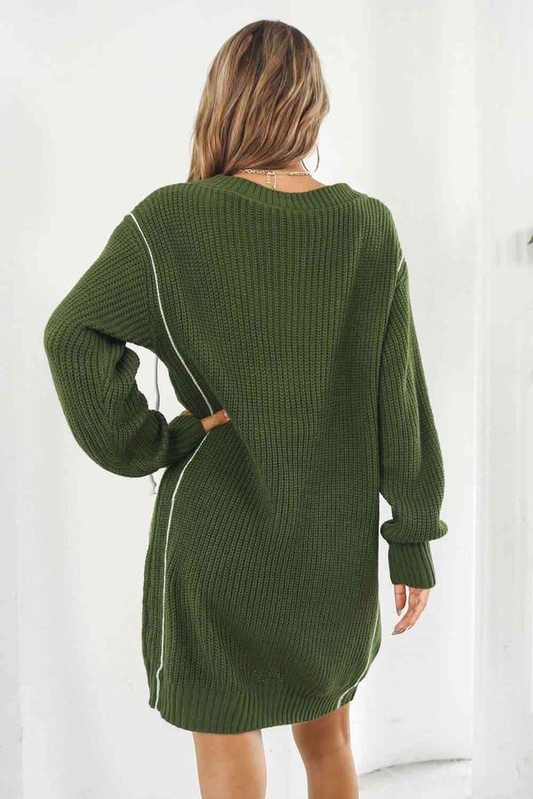 Contrast V-Neck Sweater Dress Bazaarbey