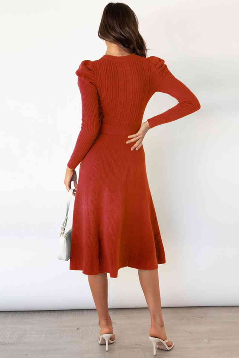 Round Neck Long Sleeve Tie Waist Sweater Dress Bazaarbey