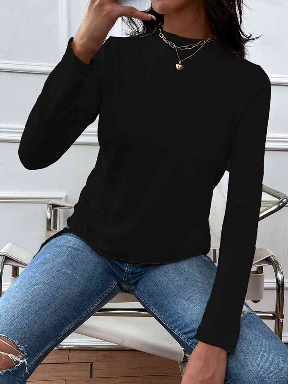 Mock Neck Long Sleeve Knit Top Trendsi