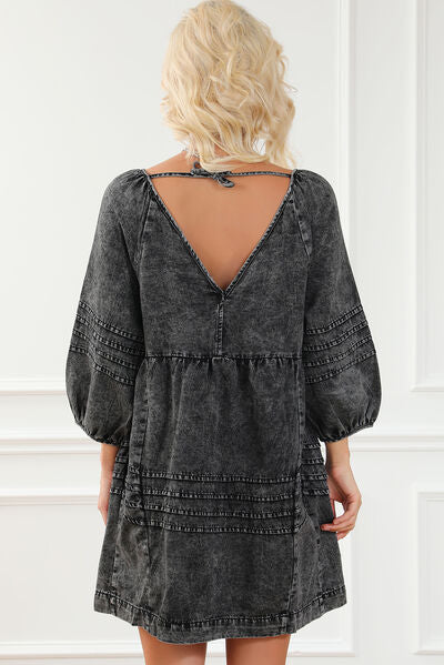 V-Neck Tie Back Mini Denim Dress Bazaarbey