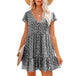 Printed V-Neck Buttoned Short Sleeve Mini Dress -BazaarBey - www.shopbazaarbey.com