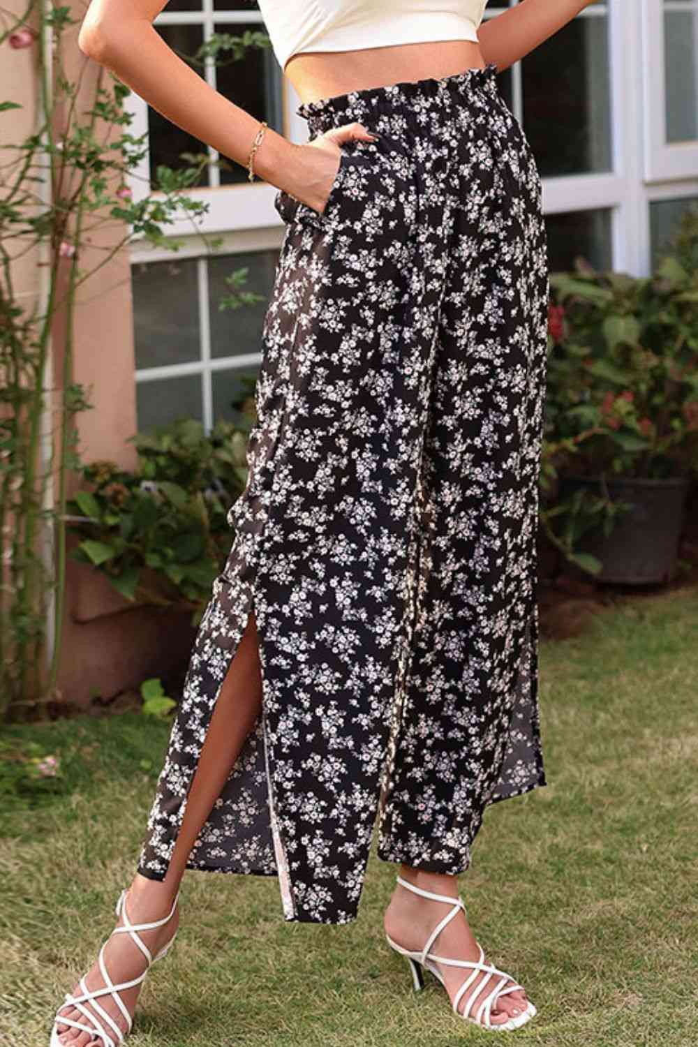 Floral  Waist Slit Ankle Wide Leg Pants Bazaarbey