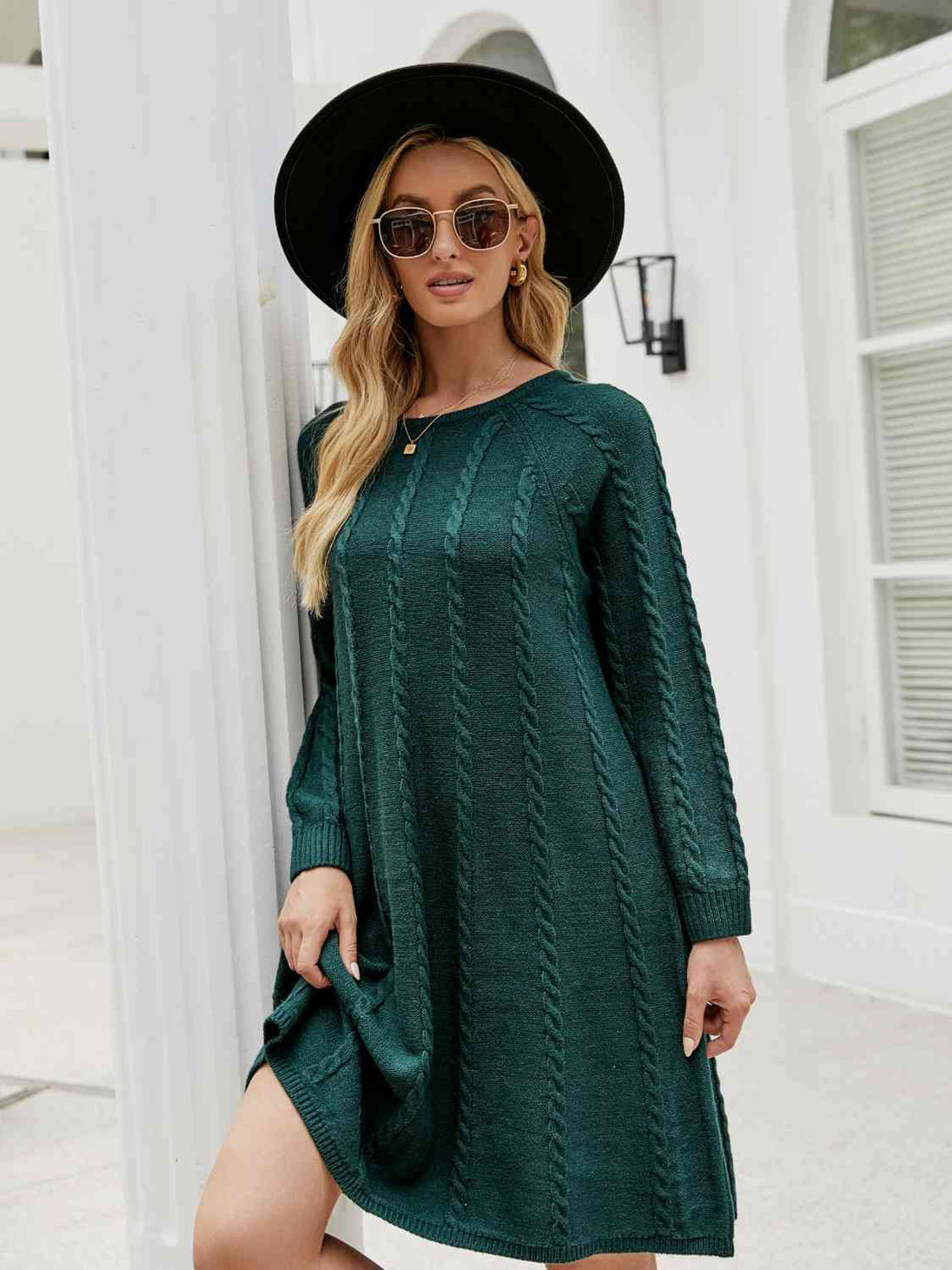 Cable-Knit Long Sleeve Sweater Dress Bazaarbey