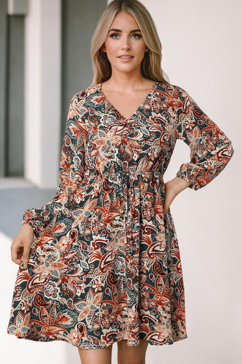 Printed V-Neck Mini Dress Bazaarbey