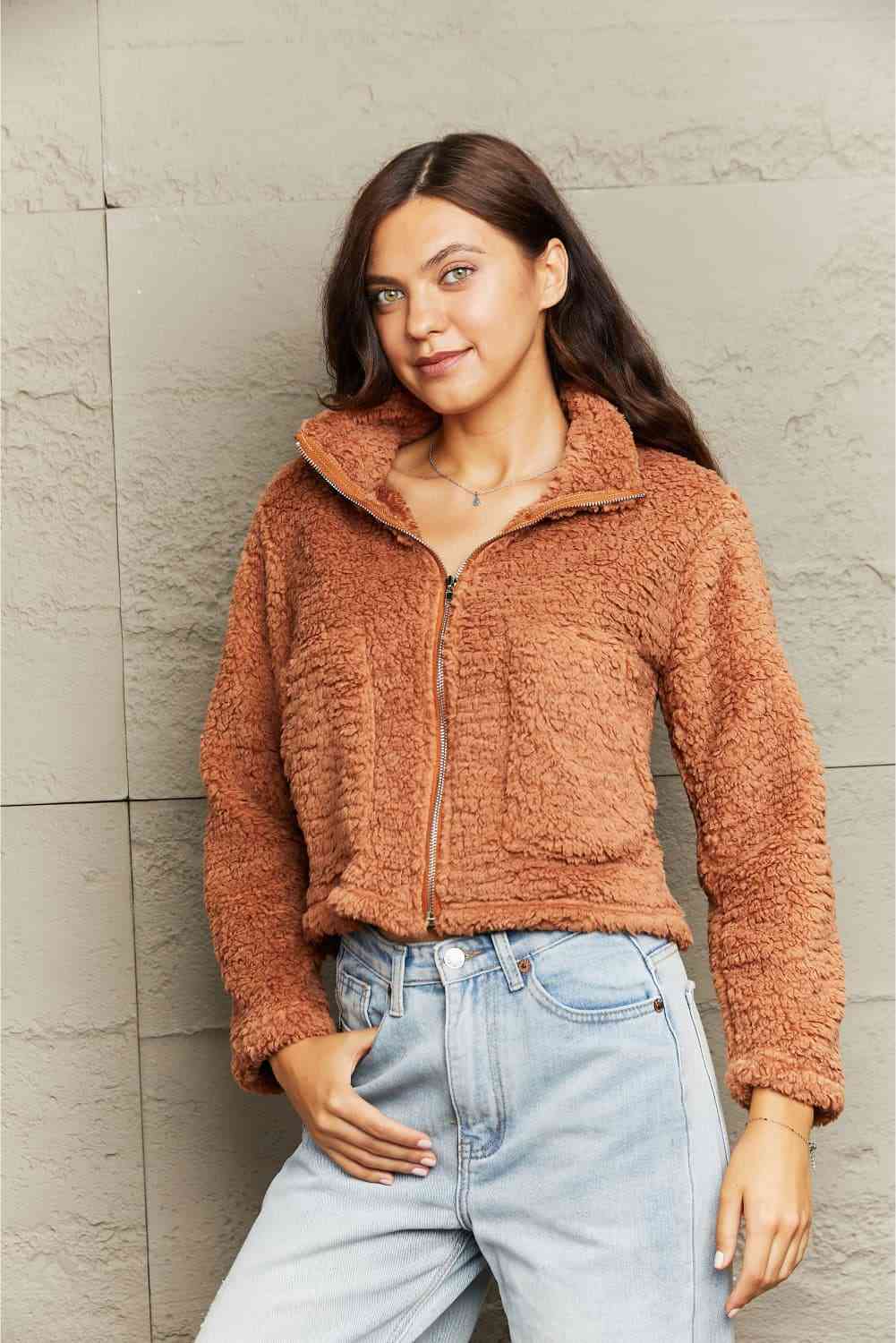 Zip-Up Collared Teddy Jacket Trendsi