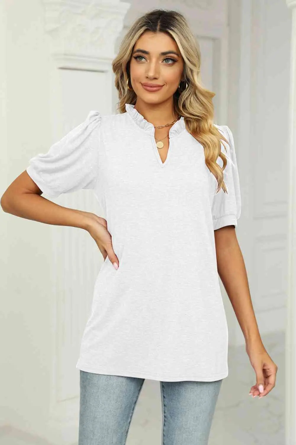 Notched Neck Puff Sleeve T-Shirt Bazaarbey