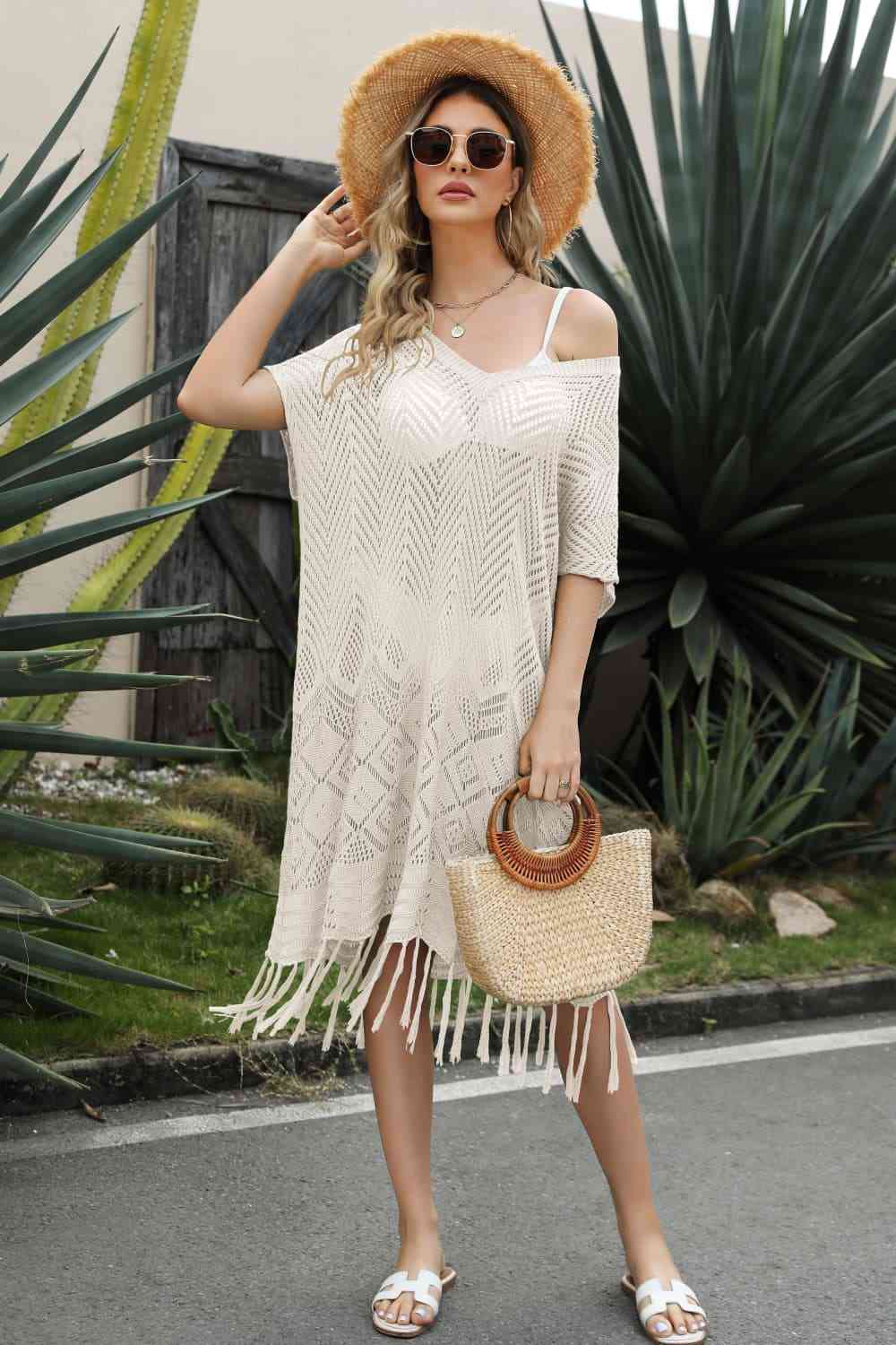 V-Neck Short Sleeve Fringe Hem Knit Dress Bazaarbey