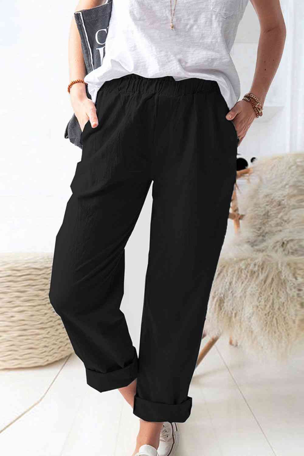  Waist Pull-On Pants with Pockets Bazaarbey